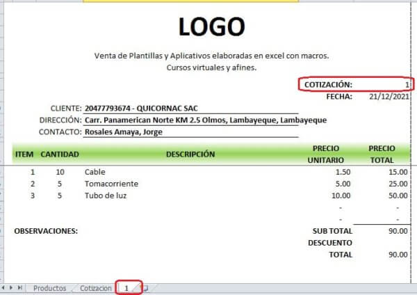 Cotización – Archivo Excel